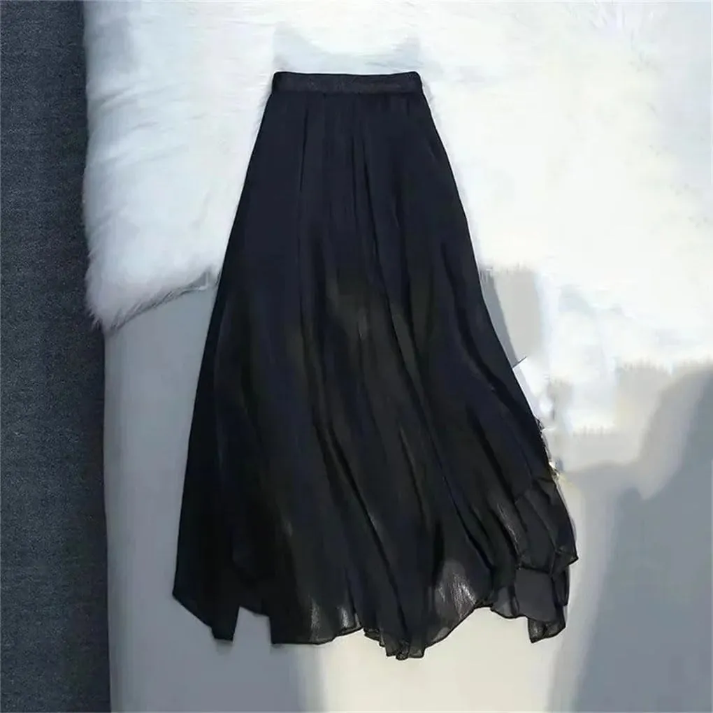 Female Double Layer A-Line High Waist Ruffles Skirts Women Chiffon Long Skirts