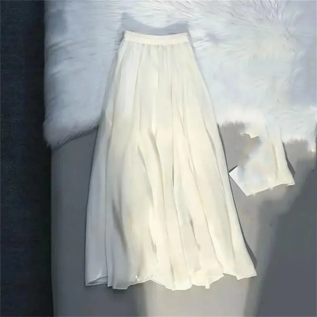 Female Double Layer A-Line High Waist Ruffles Skirts Women Chiffon Long Skirts