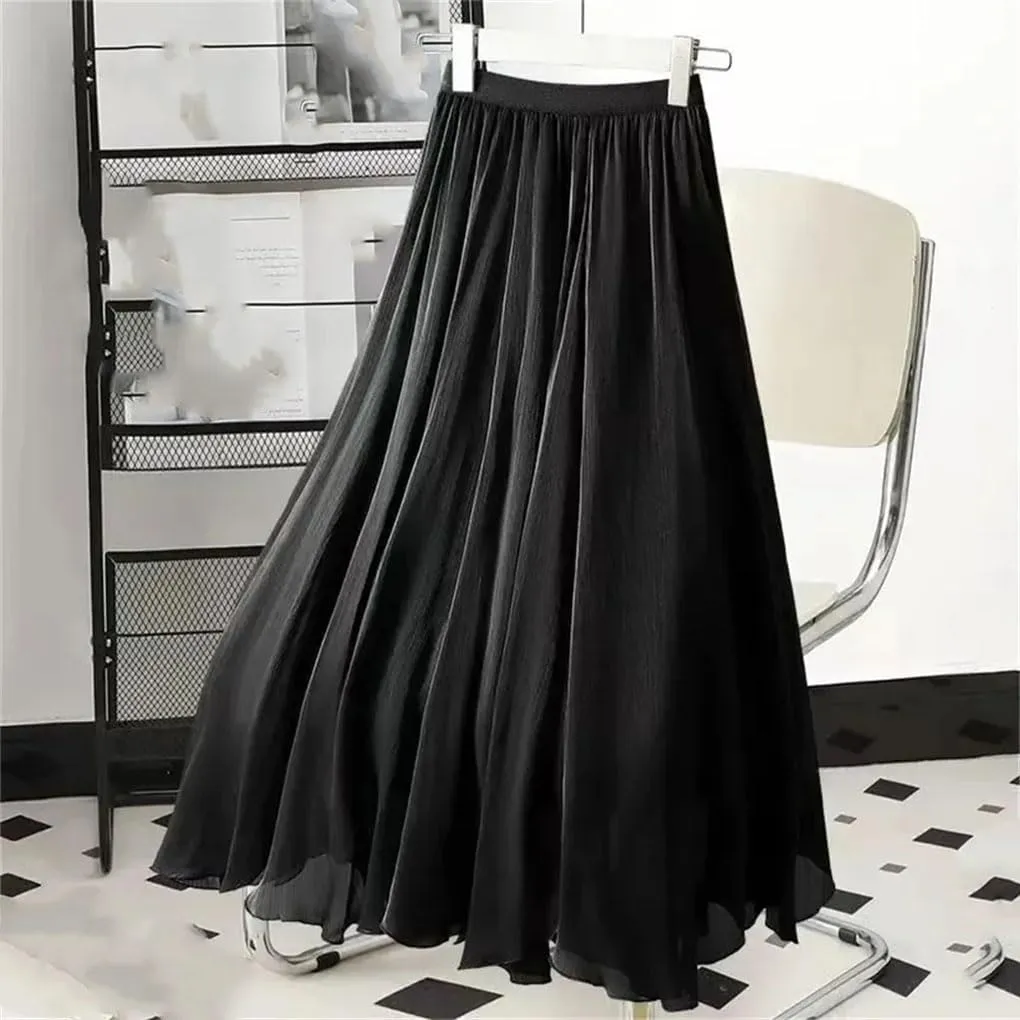 Female Double Layer A-Line High Waist Ruffles Skirts Women Chiffon Long Skirts