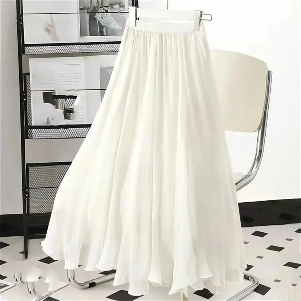Female Double Layer A-Line High Waist Ruffles Skirts Women Chiffon Long Skirts