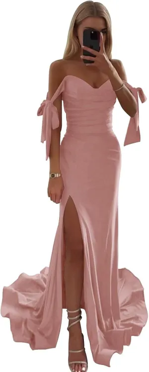Fivsole Bridesmaid Dresses for Women Off Shoulder Satin Prom Dress Mermaid Long Formal Dresses