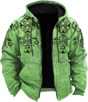 Fleece Jacket Men Vintage Aztec Ethnic Print Zipper Hoodie Plus Size Western Warm Heavyweight Sherpa Lined Coat