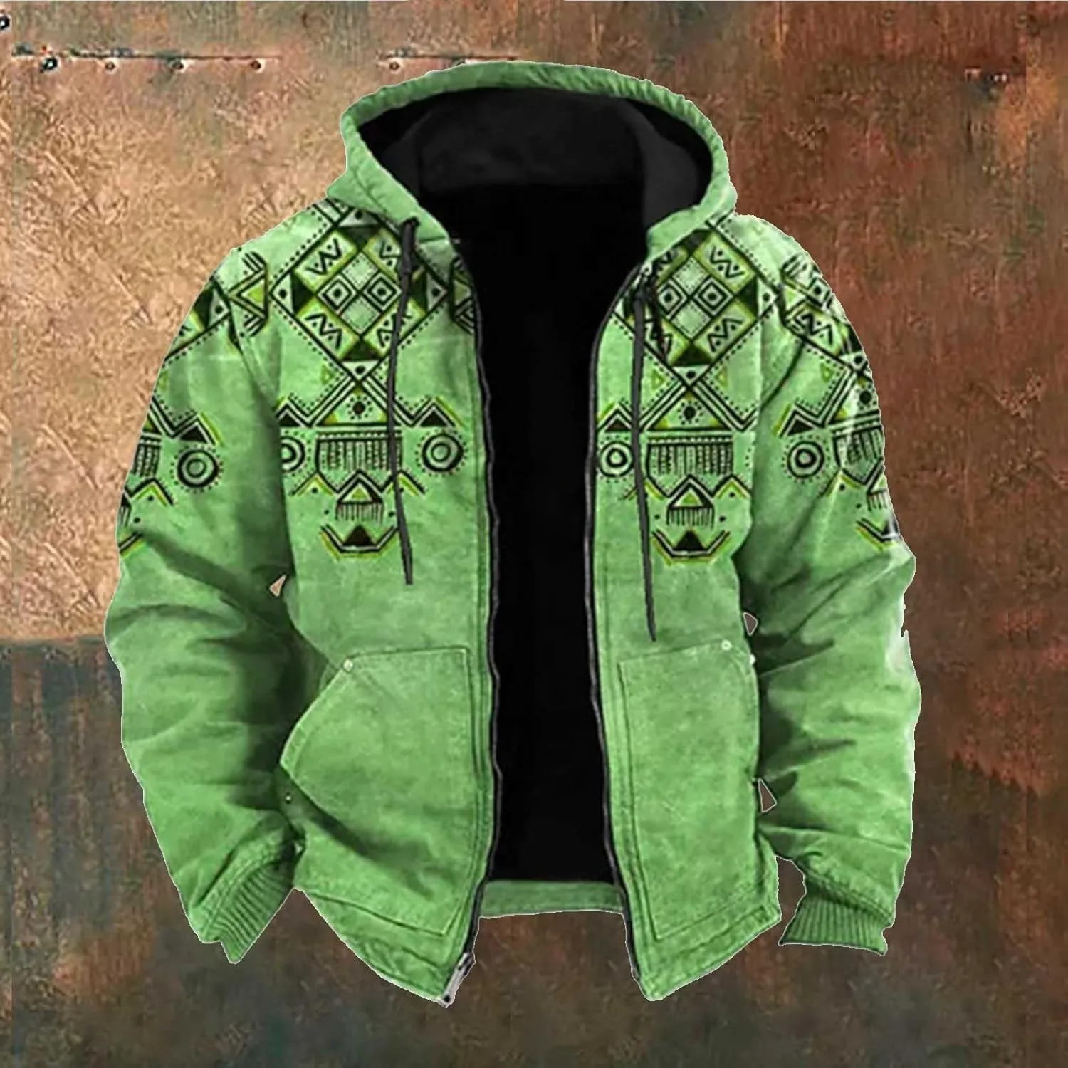 Fleece Jacket Men Vintage Aztec Ethnic Print Zipper Hoodie Plus Size Western Warm Heavyweight Sherpa Lined Coat