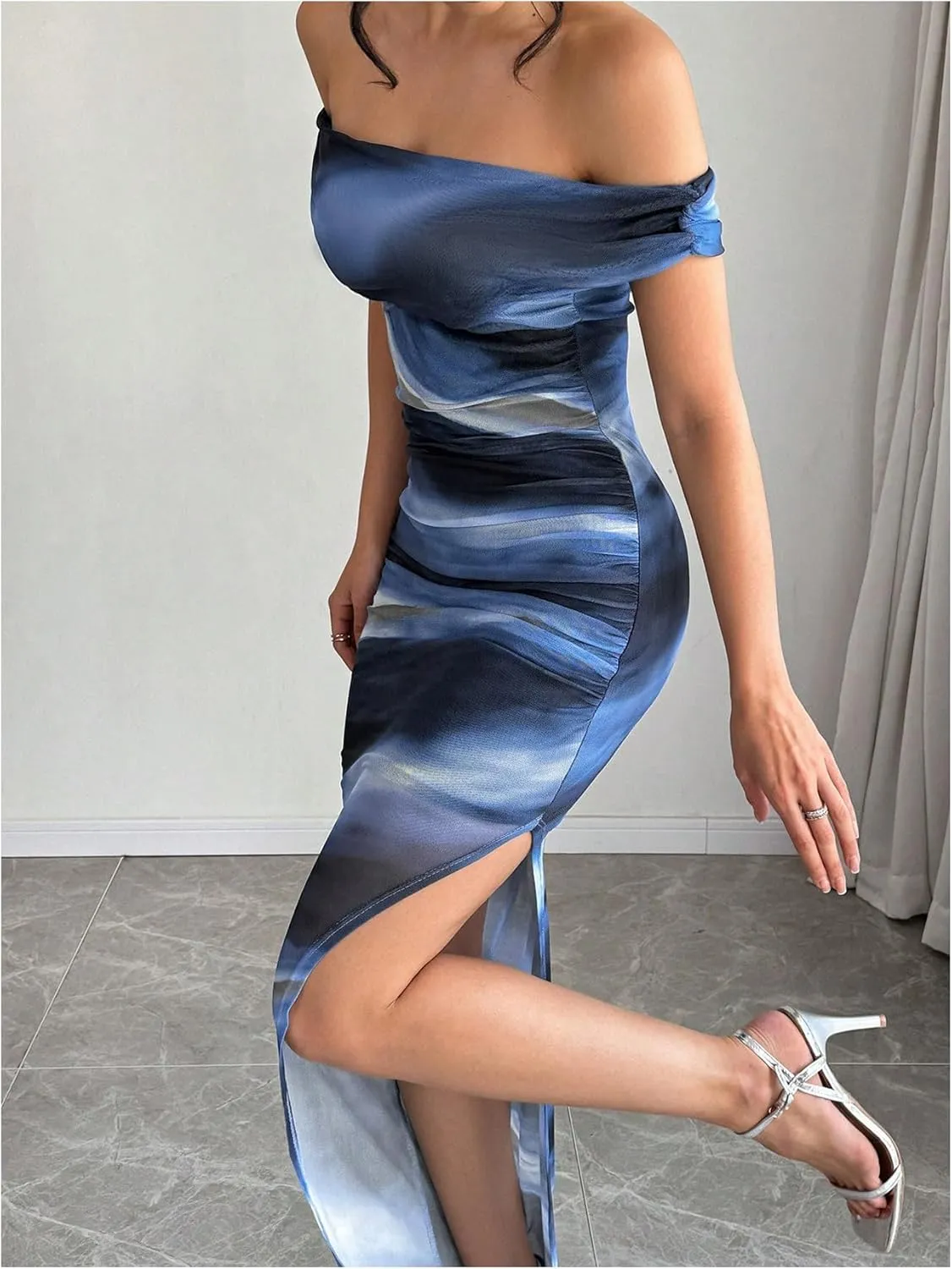 Floerns Women's Tie Dye Off Shoulder Bodycon Long Dresses Slit Ruched Party Midi Dresses