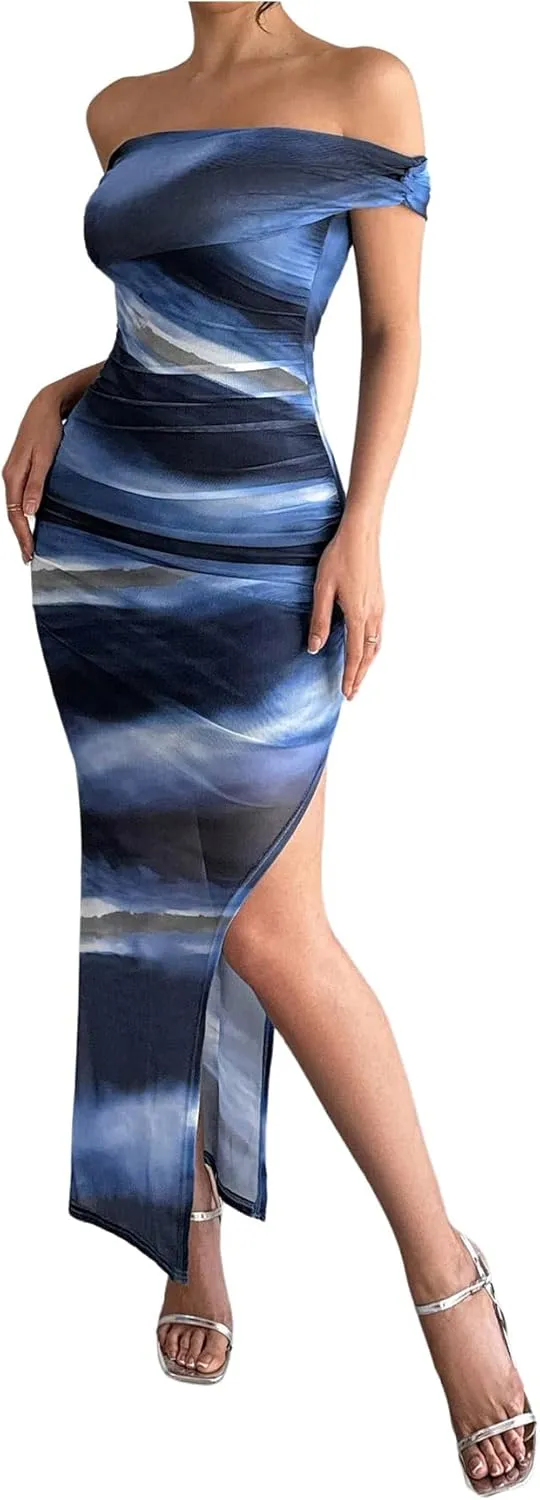 Floerns Women's Tie Dye Off Shoulder Bodycon Long Dresses Slit Ruched Party Midi Dresses