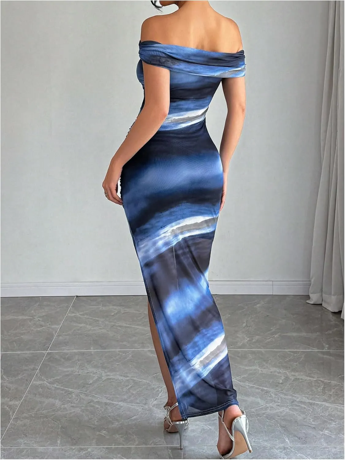 Floerns Women's Tie Dye Off Shoulder Bodycon Long Dresses Slit Ruched Party Midi Dresses
