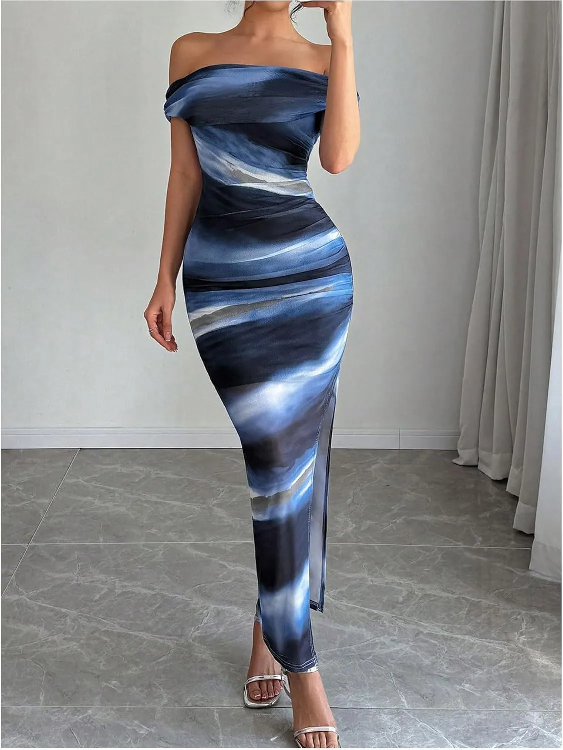 Floerns Women's Tie Dye Off Shoulder Bodycon Long Dresses Slit Ruched Party Midi Dresses