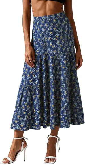 Floral Maxi Skirts for Women Flowy Boho Pleated A-Line Summer Beach Elastic Waist Splicing Swing Long Skirts