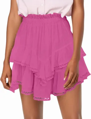 Flowy Shorts for Women Casual Boho Mini Skirts for Women High Waisted Ruffled Tiered Tennis Skorts Cute Pleated Crochet