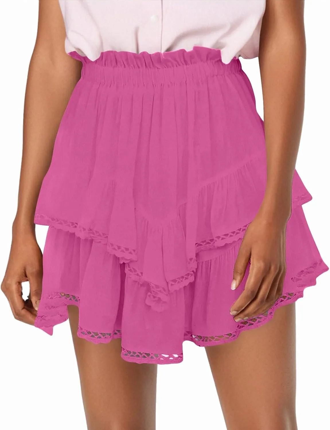 Flowy Shorts for Women Casual Boho Pleated Crochet Mini Skirts for Women High Waisted Ruffled Tiered Tennis Skorts Cute