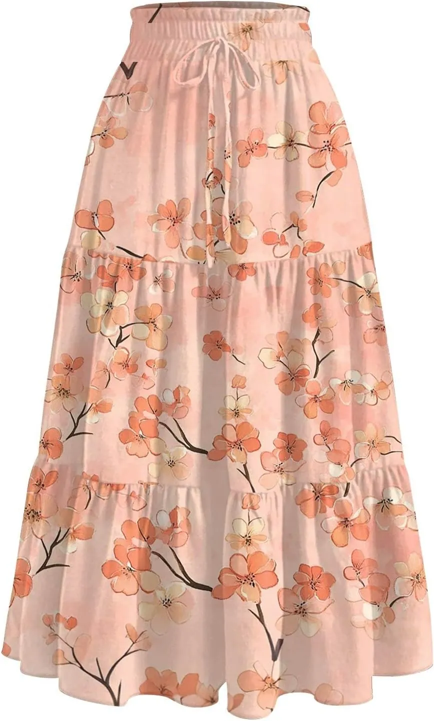 Flowy Skirts for Women High Waist Long A-Line Boho Maxi Skirt for Summer Beach