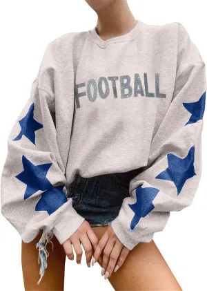 Game Day Sweatshirt for Women Ladies' Round Neck Long Sleeved Printed Solid Football Game Day Shirt