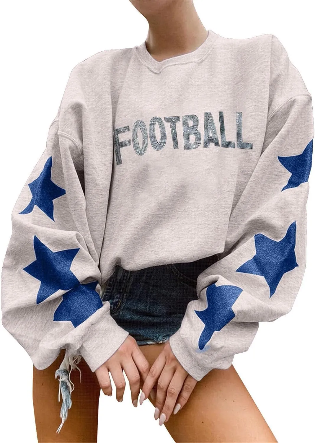 Game Day Sweatshirt for Women Ladies' Round Neck Long Sleeved Printed Solid Football Game Day Shirt