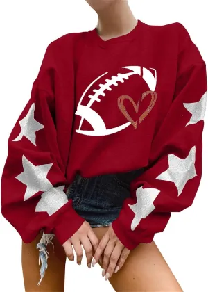 Game Day Weekend Tops Ladies' Round Neck Long Sleeved Printed Solid Color Hoodie Football Game Day