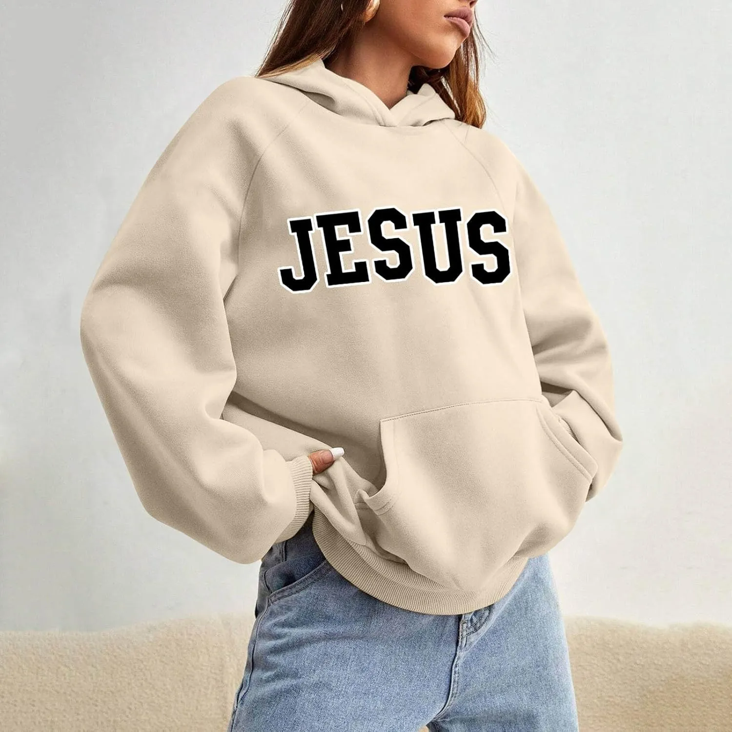 Girls' Fashion Hoodies & Sweatshirts Jesus Letter Print Fall Fleece Winter Outfit with Pocket Long Sleeve Oversize Pullover