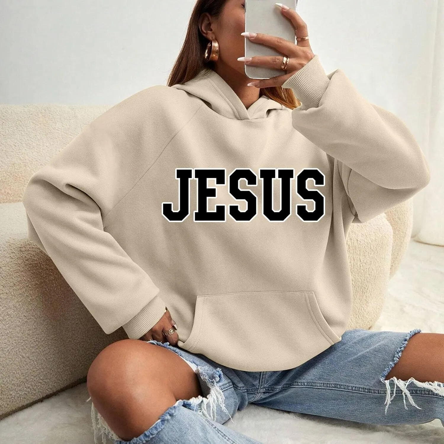 Girls' Fashion Hoodies & Sweatshirts Jesus Letter Print Fall Fleece Winter Outfit with Pocket Long Sleeve Oversize Pullover
