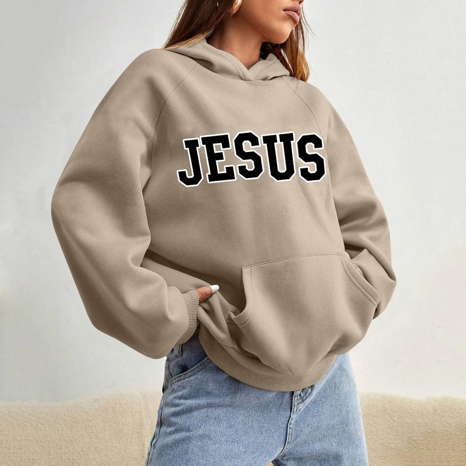 Girls' Fashion Hoodies & Sweatshirts Jesus Letter Print Fall Fleece Winter Outfit with Pocket Long Sleeve Oversize Pullover