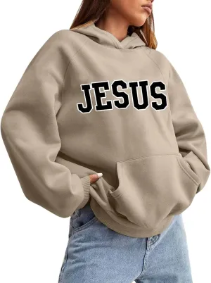 Girls' Fashion Hoodies & Sweatshirts Jesus Letter Print Fall Fleece Winter Outfit with Pocket Long Sleeve Oversize Pullover
