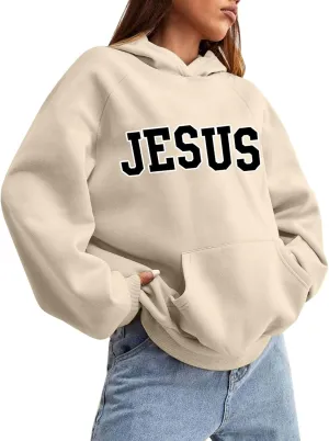 Girls' Fashion Hoodies & Sweatshirts Jesus Letter Print Fall Fleece Winter Outfit with Pocket Long Sleeve Oversize Pullover