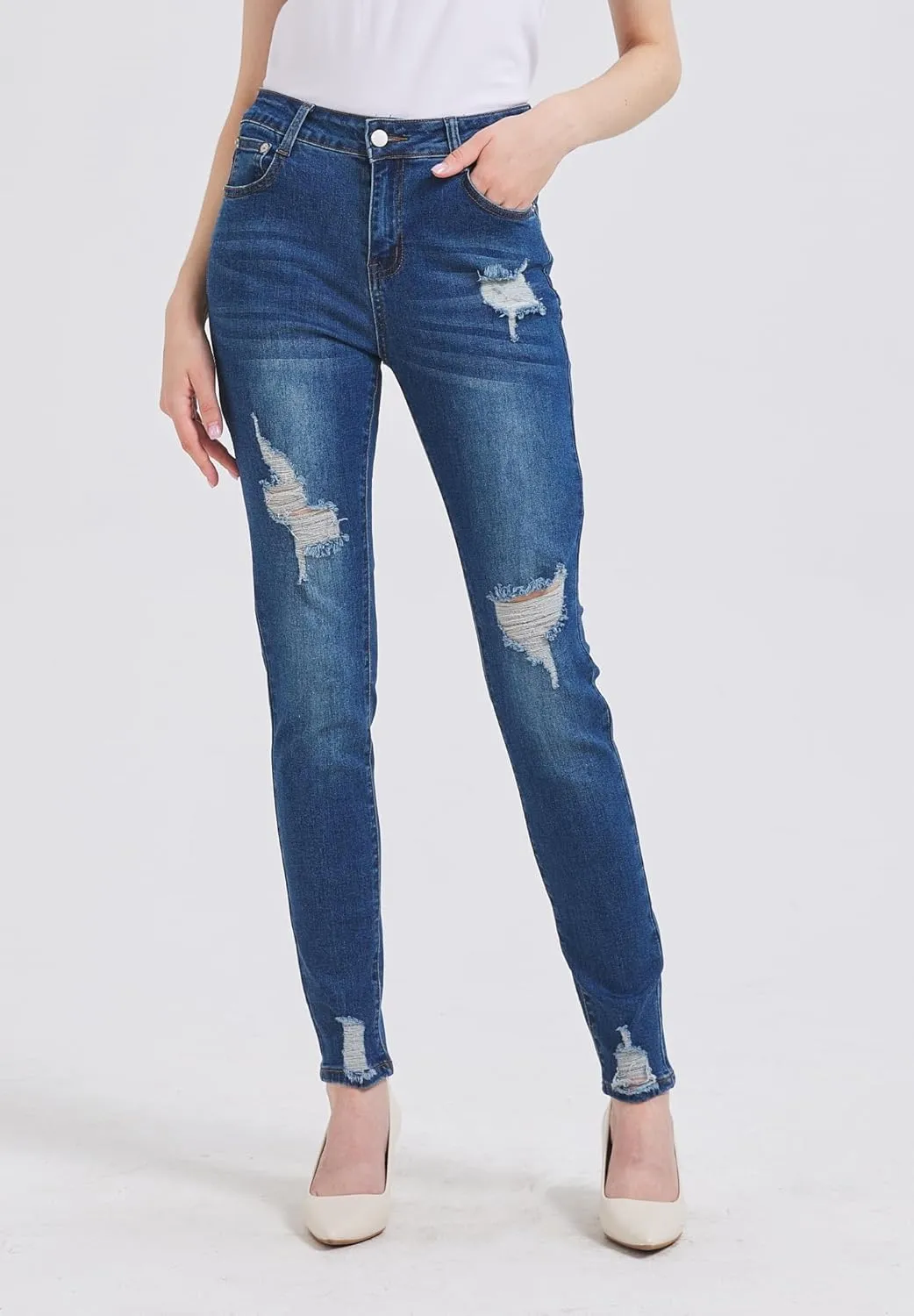 GUNLIRE Women's Ripped Jeans Trendy Stretchy High Waisted Skinny Fit Distressed Tummy Control Casual Denim Jeans for Women