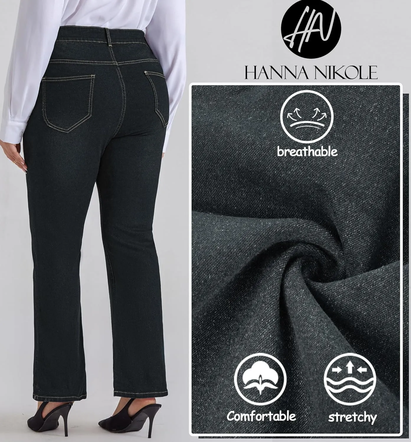 Hanna Nikole Women's Plus Size Wide Flared Jeans High Waisted Stretchy Bell Bottom Denim Jeans with Pockets