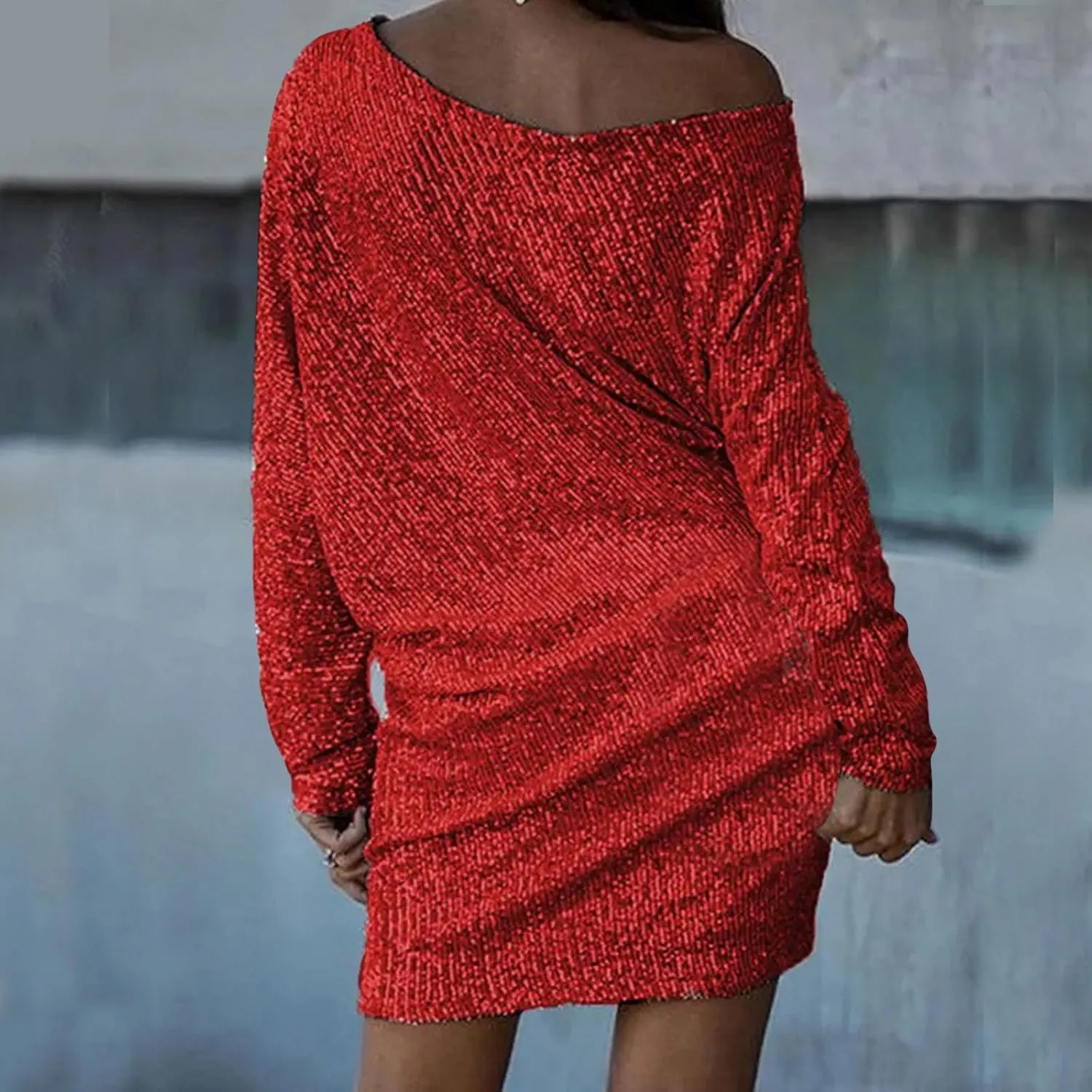 HGps8w Women's Off Shoulder Batwing Sleeve Sequin Evening Dress Elegant Bodycon Mini Cocktail Club Night Dresses