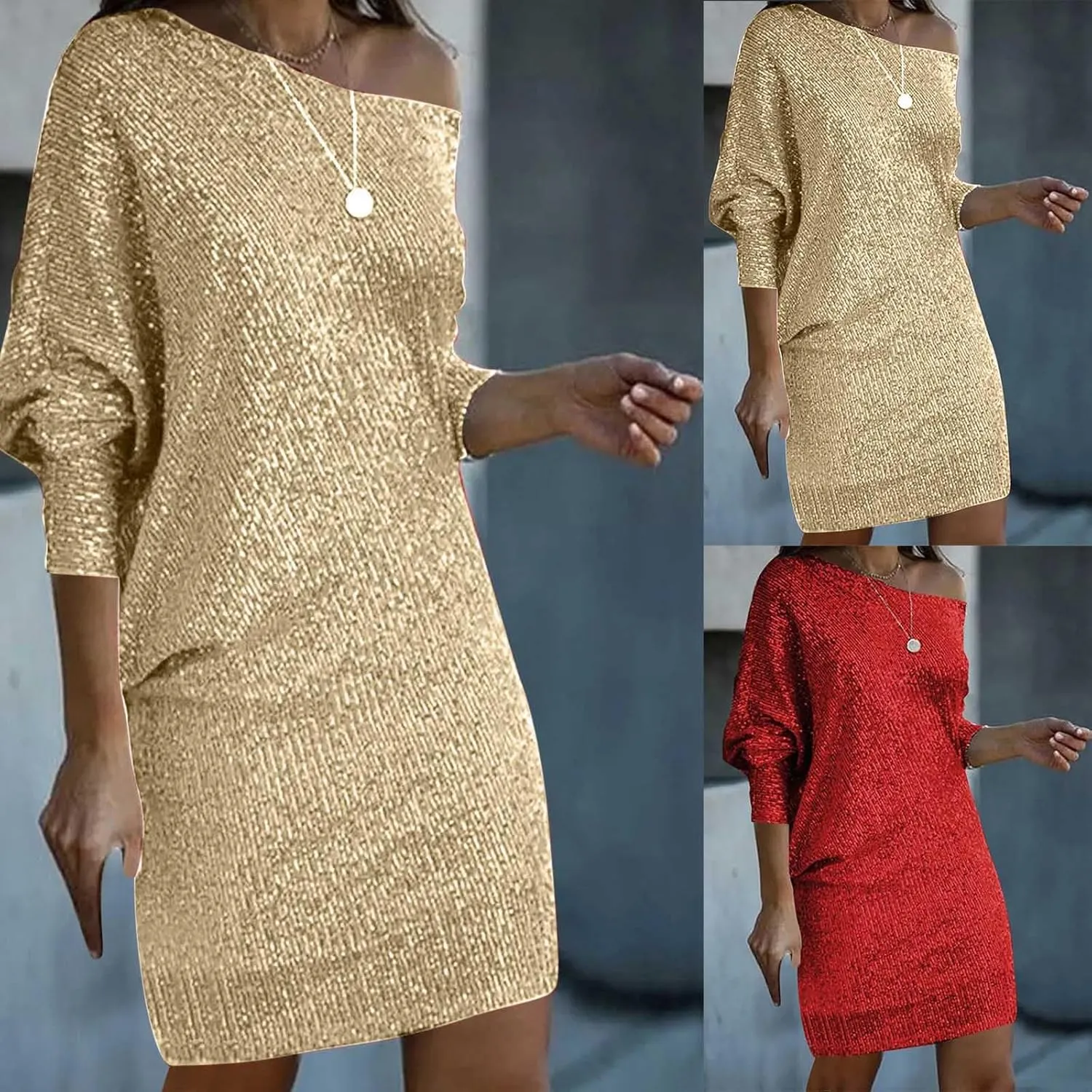 HGps8w Women's Off Shoulder Batwing Sleeve Sequin Evening Dress Elegant Bodycon Mini Cocktail Club Night Dresses