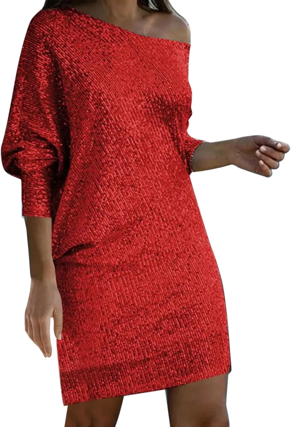 HGps8w Women's Off Shoulder Batwing Sleeve Sequin Evening Dress Elegant Bodycon Mini Cocktail Club Night Dresses