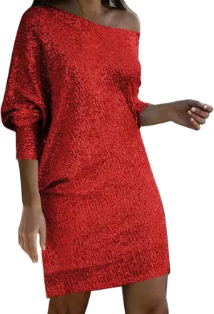 HGps8w Women's Off Shoulder Batwing Sleeve Sequin Evening Dress Elegant Bodycon Mini Cocktail Club Night Dresses