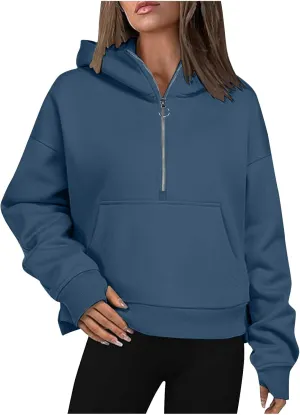 Hoodies for Women Cropped Half Zip Long Sleeve Pullover Tops Fashion Fall Fleece Zip Sweater Blouses With Pccket
