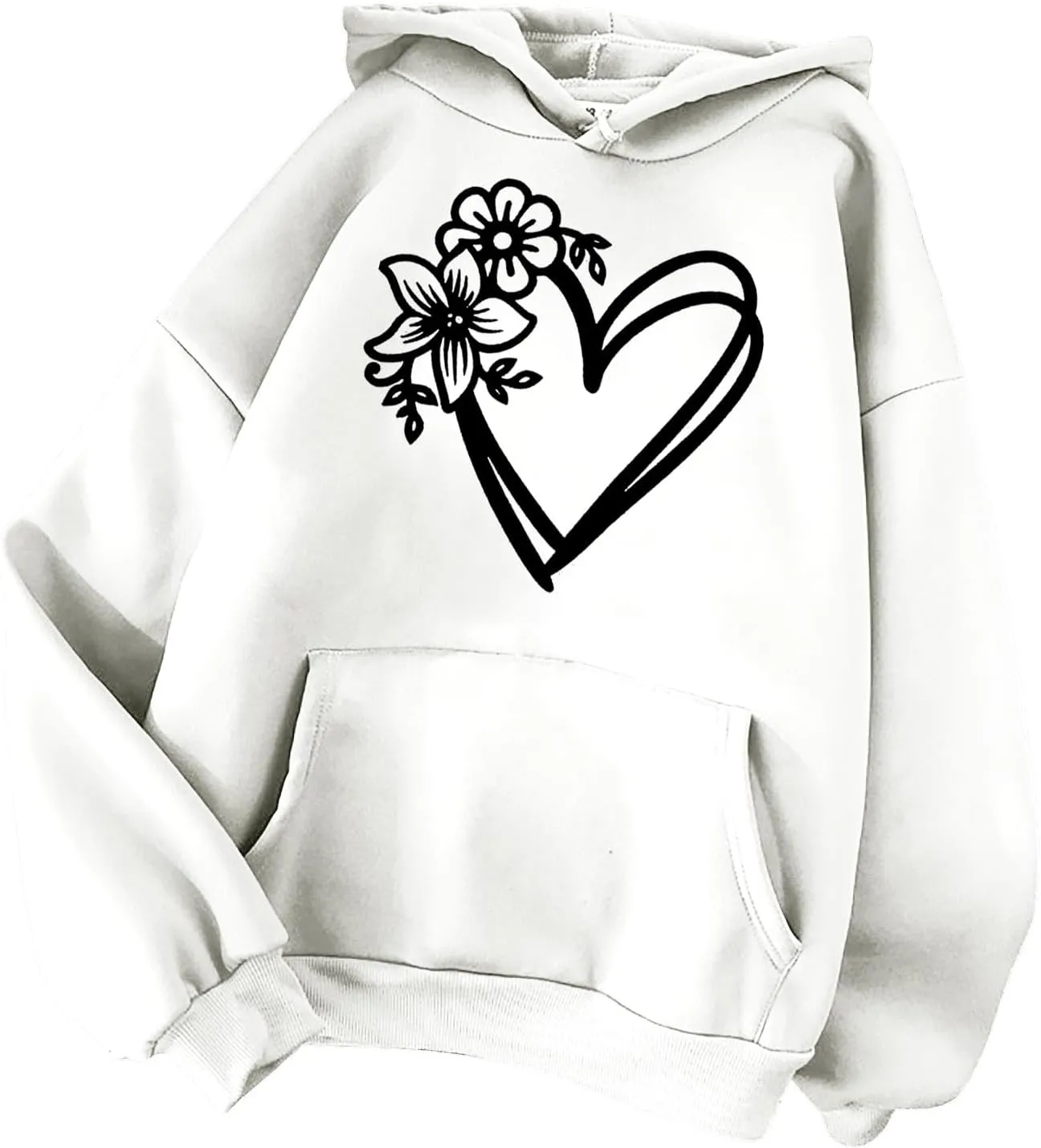 Hoodies for Women Heart Print Floral Graphic Sweatshirt Casual Long Sleeve Drawstring Hoodie with Pocket