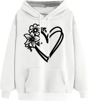 Hoodies for Women Heart Print Floral Graphic Sweatshirt Casual Long Sleeve Drawstring Hoodie with Pocket