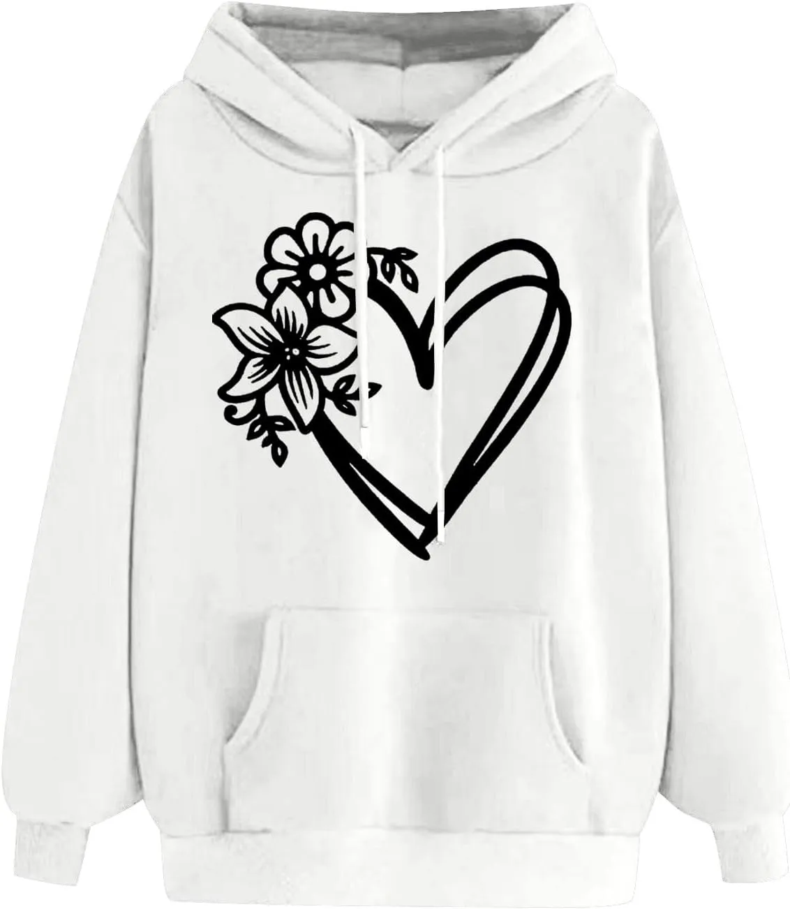 Hoodies for Women Heart Print Floral Graphic Sweatshirt Casual Long Sleeve Drawstring Hoodie with Pocket