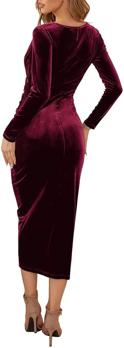 IBTOM CASTLE Women's Fall Winter Velvet Dress V Neck Long Sleeve Wrap Ruched Bodycon Cocktail Party Wedding Guest Maxi Dress