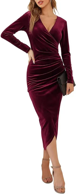 IBTOM CASTLE Women's Fall Winter Velvet Dress V Neck Long Sleeve Wrap Ruched Bodycon Cocktail Party Wedding Guest Maxi Dress