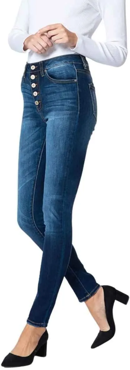 Kan Can Women's High Rise Button Fly Distressed Super Skinny Jeans