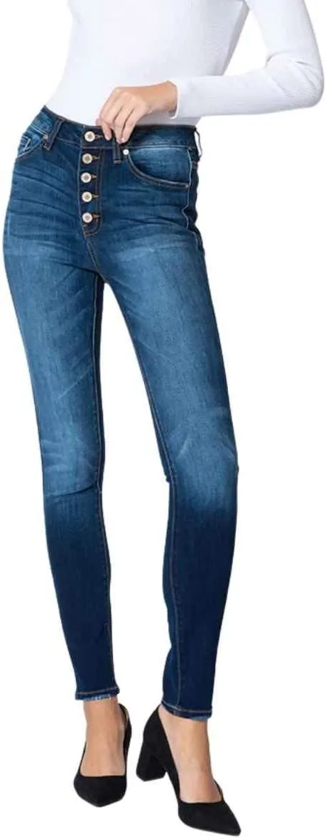 Kan Can Women's High Rise Button Fly Distressed Super Skinny Jeans