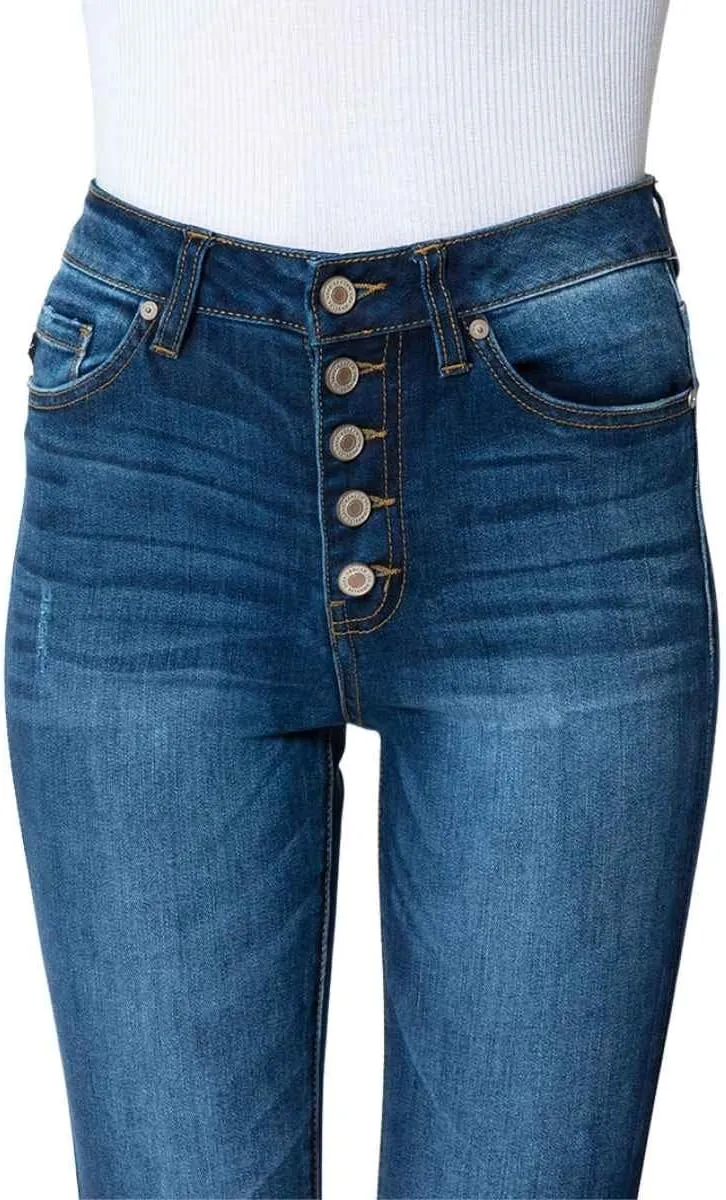 Kan Can Women's High Rise Button Fly Distressed Super Skinny Jeans