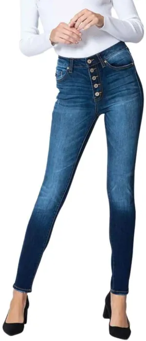 Kan Can Women's High Rise Button Fly Distressed Super Skinny Jeans