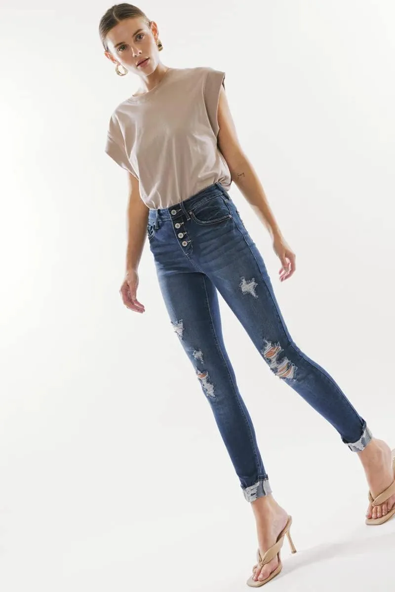 Kan Can Women's high Rise Distressed Ankle Skinny Jeans