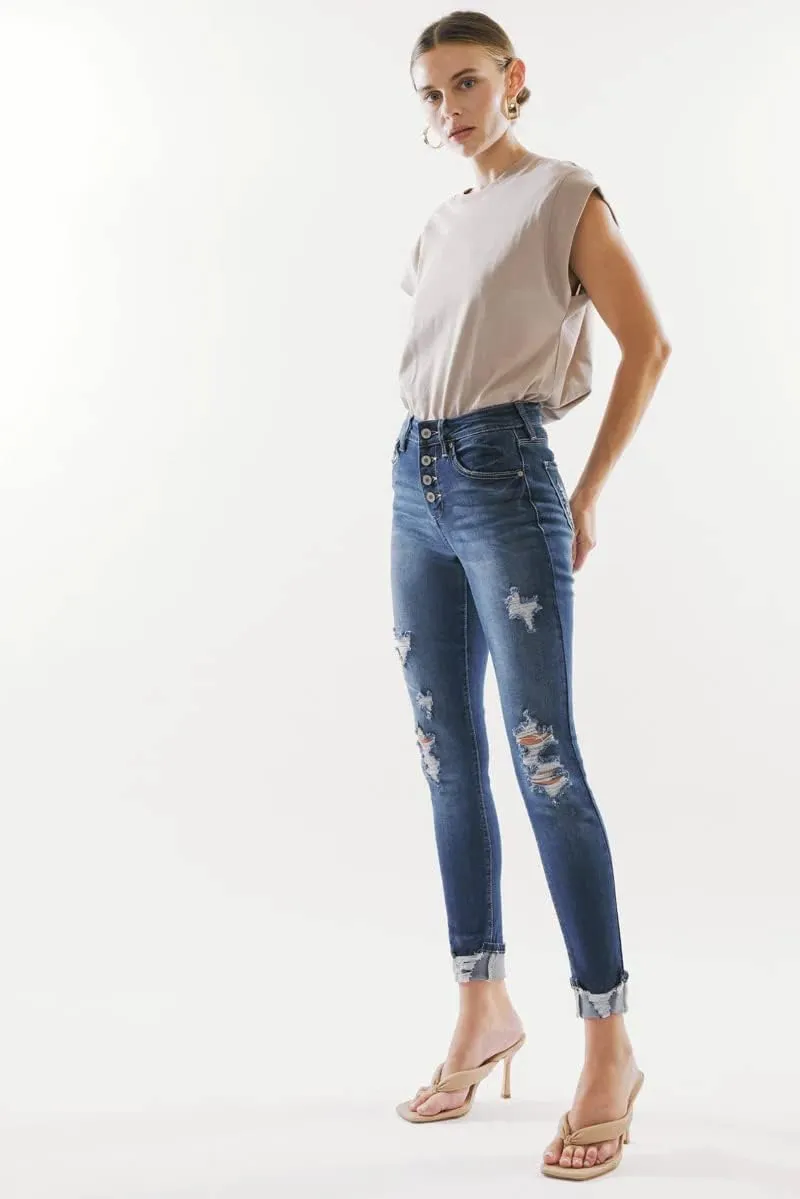Kan Can Women's high Rise Distressed Ankle Skinny Jeans