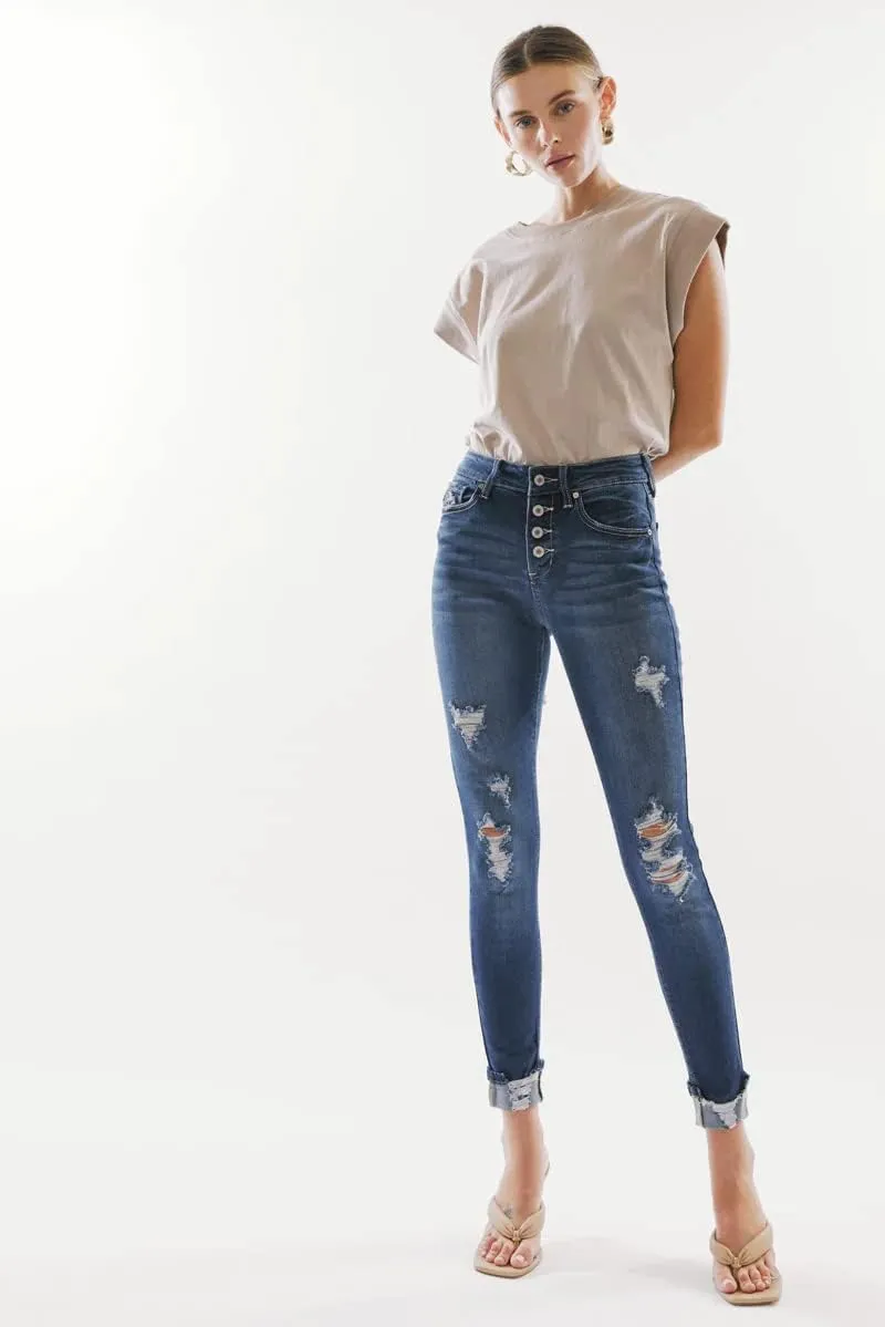 Kan Can Women's high Rise Distressed Ankle Skinny Jeans