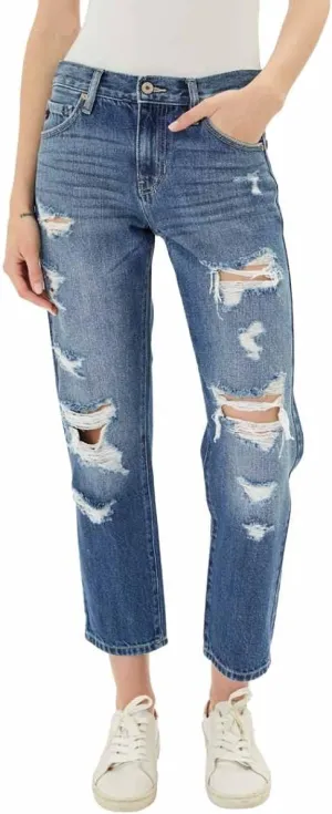 Kancan Women's Mid Rise Distressed Boyfriend Jeans - KC8643