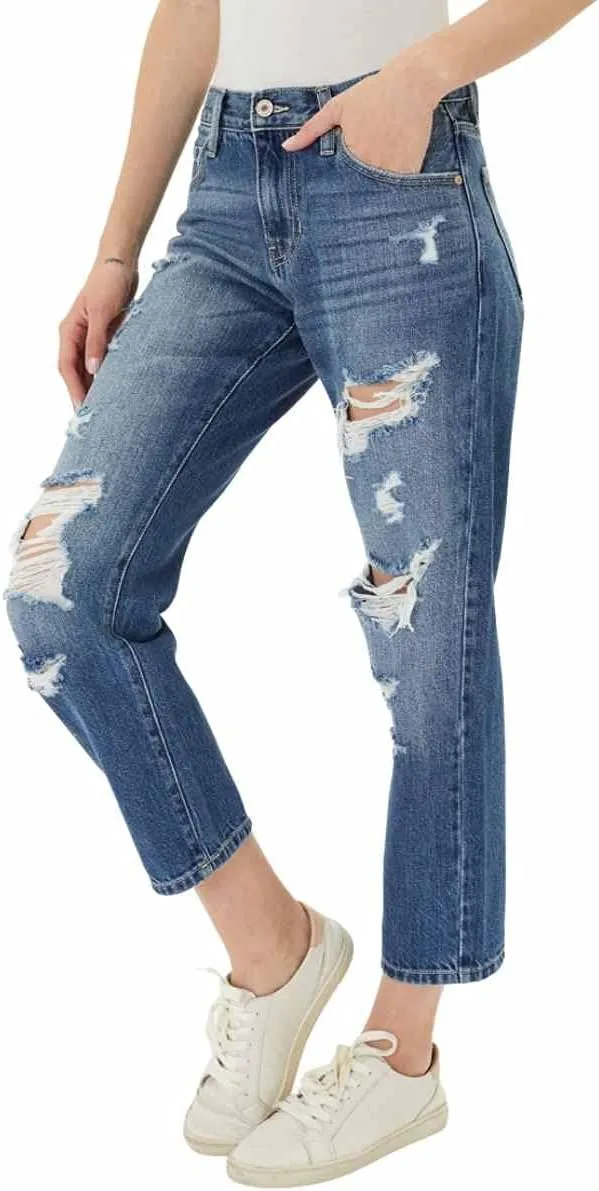 Kancan Women's Mid Rise Distressed Boyfriend Jeans - KC8643