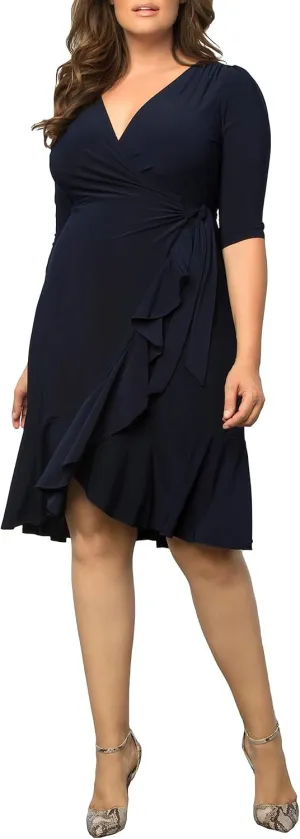 Kiyonna Plus Size Whimsy Ruffled Midi Wrap Dress with Sleeves - Cocktail, Party, Wedding Guest or Work