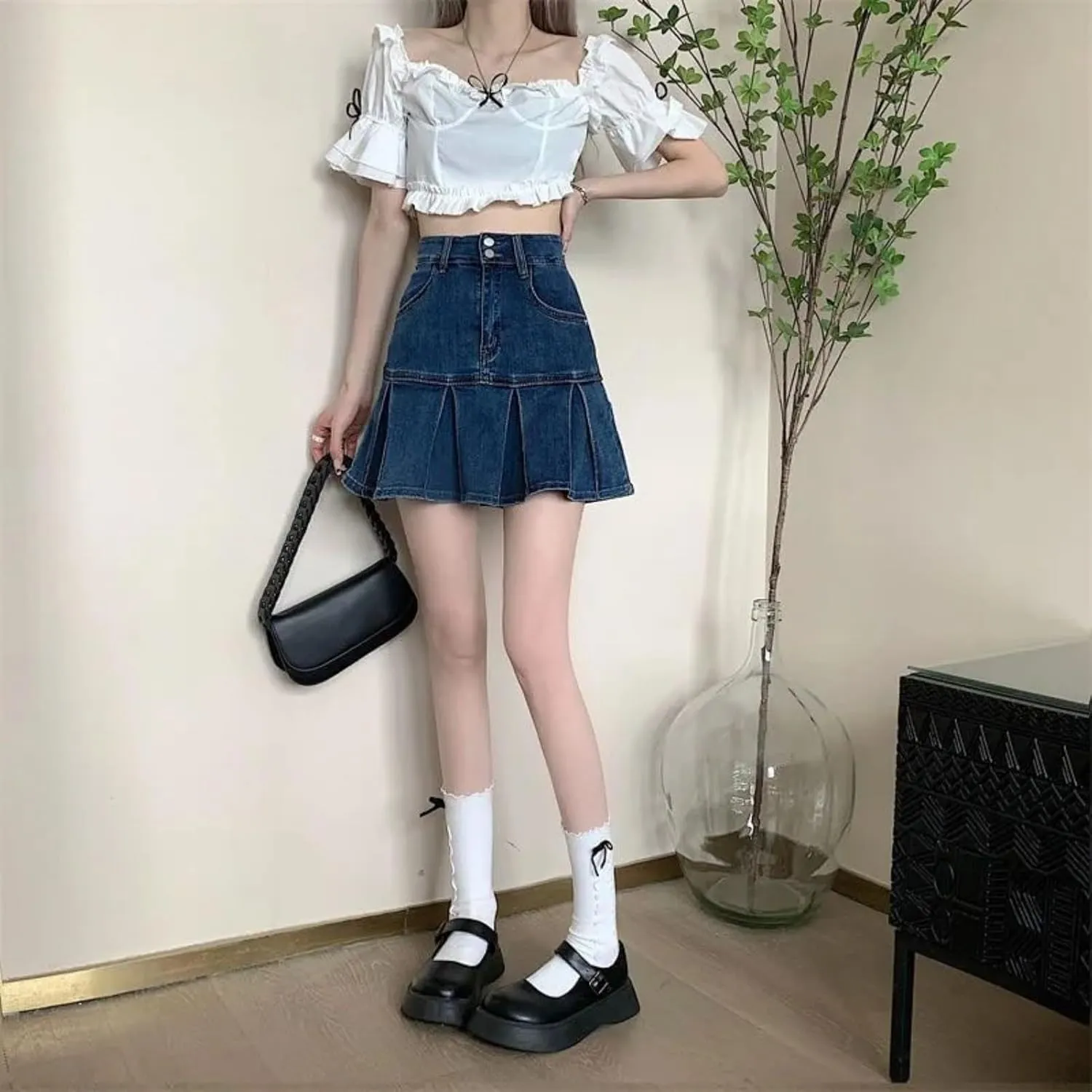 Ladies High Waist A-Line Pleated Mini Denim Skirts Women Summer Jean Short Skirts