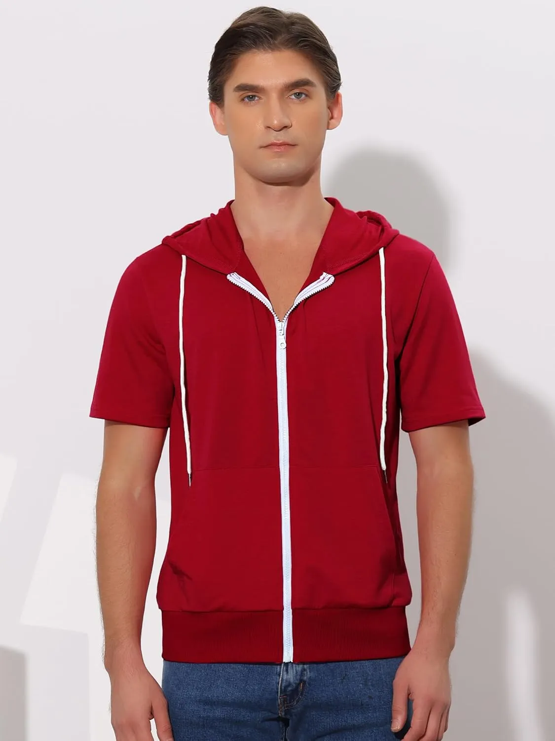 Lars Amadeus Men's Short Sleeve Hoodies Solid Color Zip Up Jackets with Hood