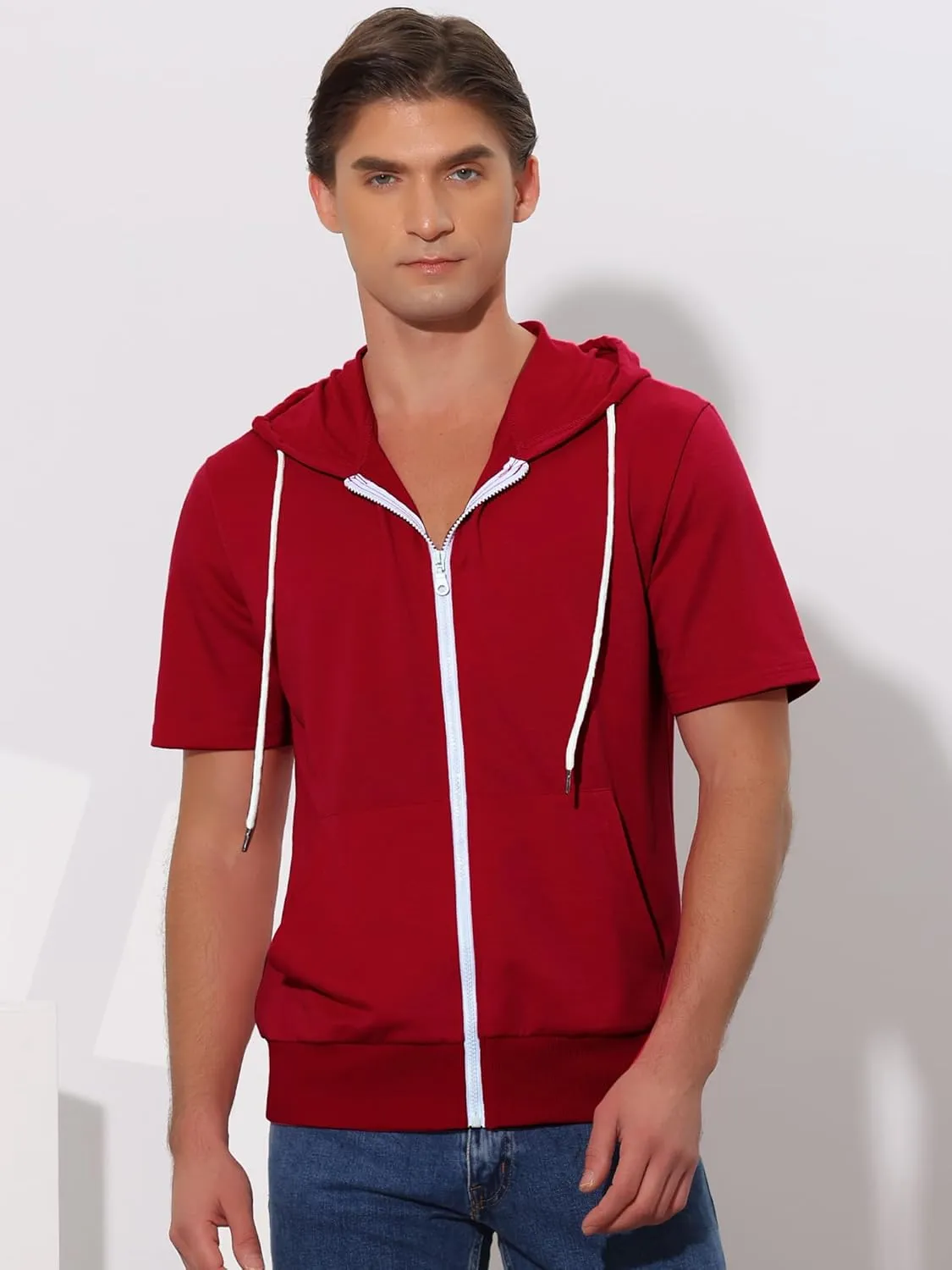Lars Amadeus Men's Short Sleeve Hoodies Solid Color Zip Up Jackets with Hood