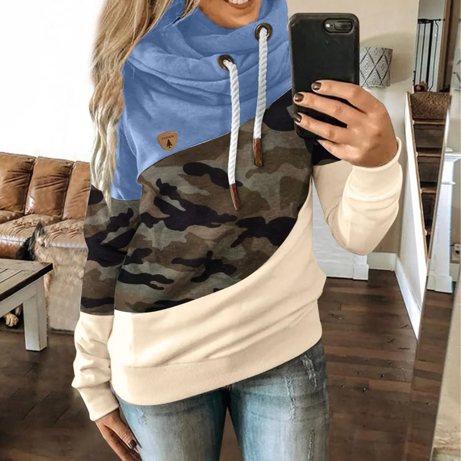 LCMTWX Sleeve Casual Hoodie Splice Contrast Long Sweatshirt Solid Strap Women Tops Women's Hoodies Sweatshirts Petite