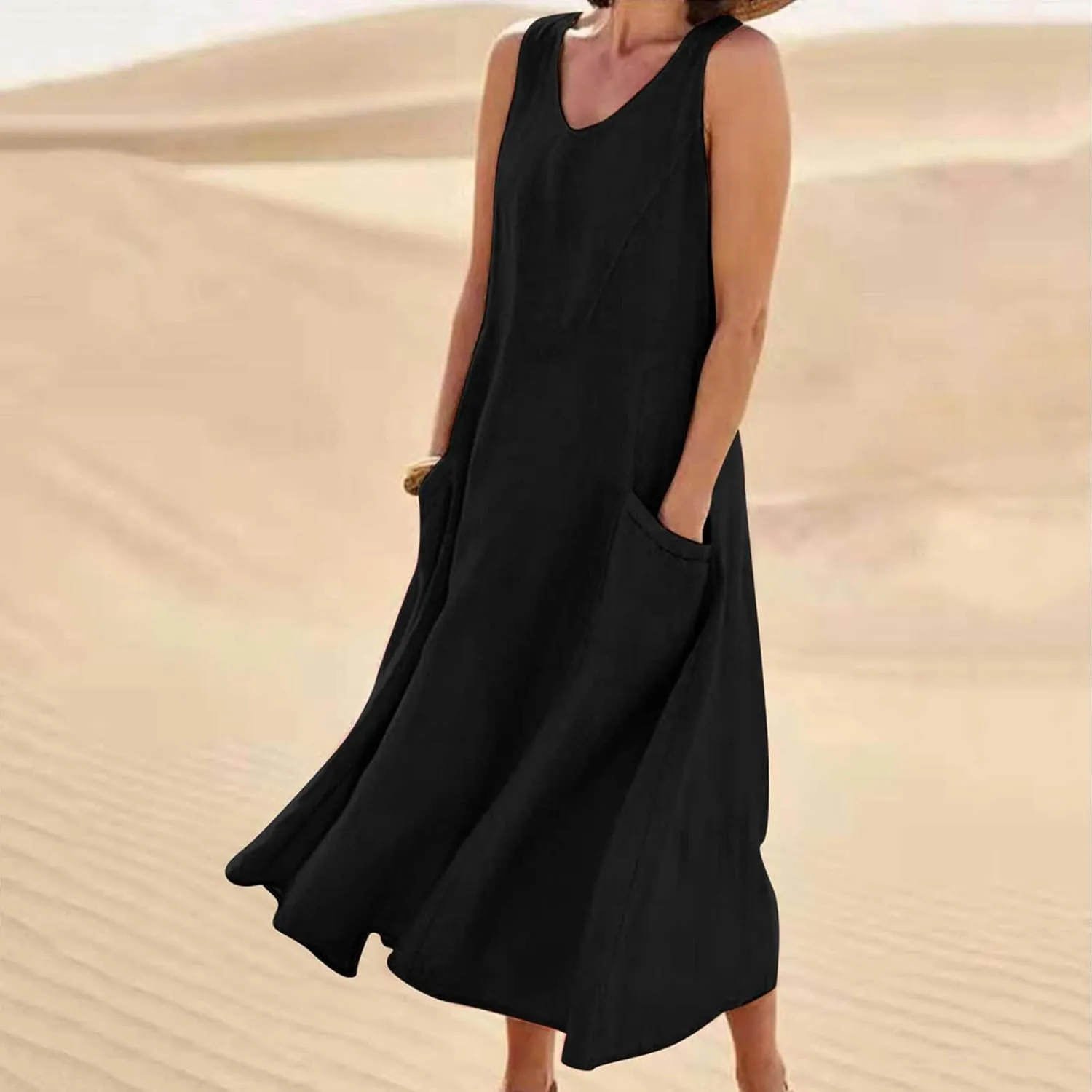 LEMONONSTORE Tank Dress for Women Retro Linen Summer Sleeveless Solid Casual Flowy Maxi Dresses Beach Sundress with Pockets